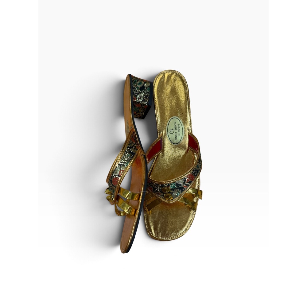 Vintage 90s Hong Kong Embroidered Gold Embellished Block Heel Sandals Womens 10